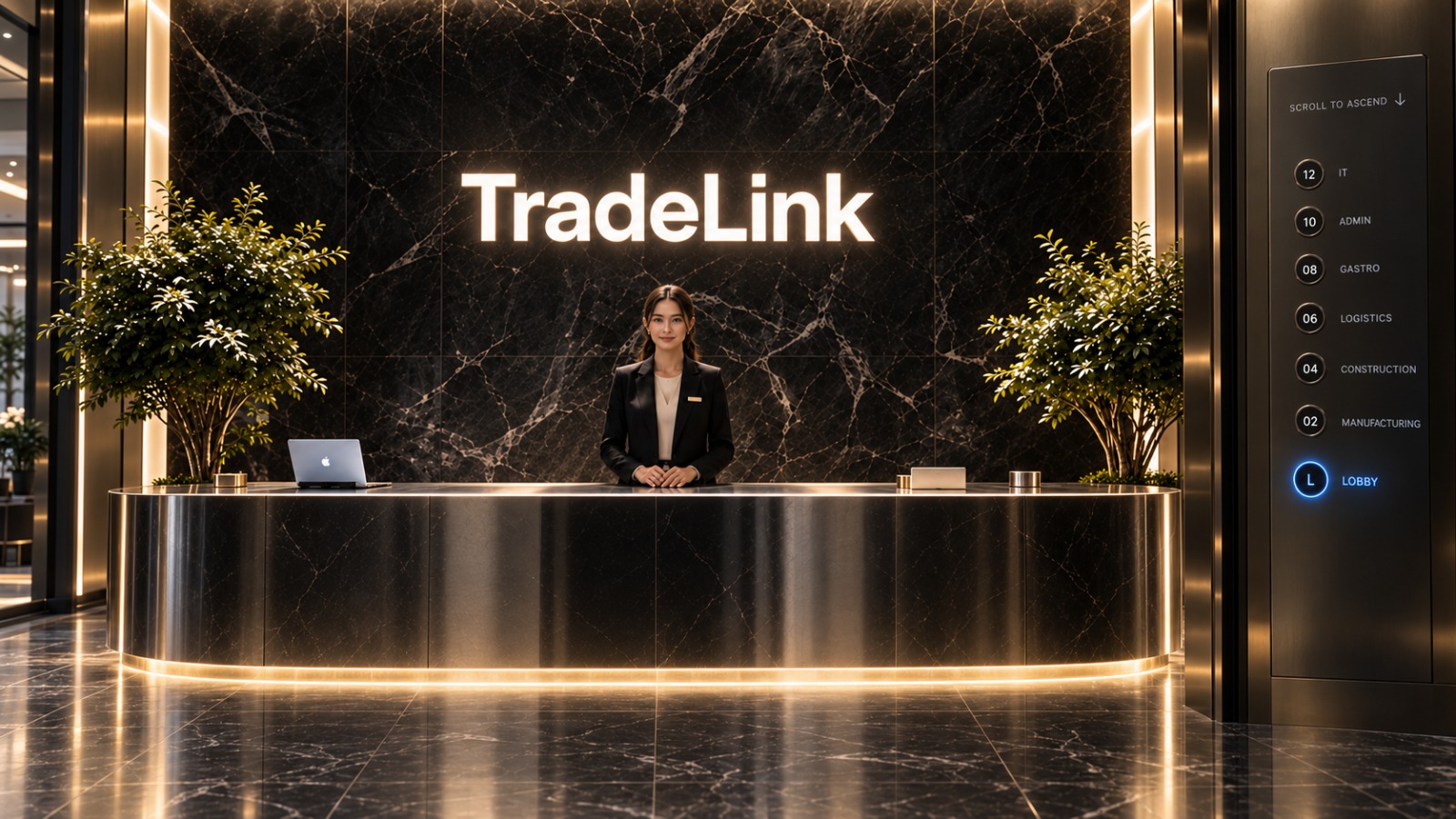 Recepce TradeLinku — mramorový pult, teplé podsvícení a logo TradeLink na stěně z černého mramoru.